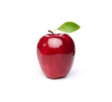 Red fresh apple with green leaf isolated on white backgroundの写真素材