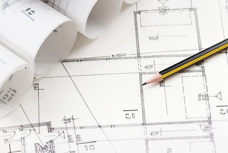 Close up of yellow pencil over architectural drawingsのeditorial素材