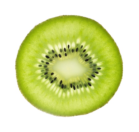 Slice of fresh kiwi fruit isolated on white backgroundの写真素材