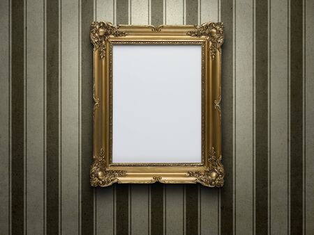 Blank gold picture frame at grunge striped wall with copy spaceの写真素材