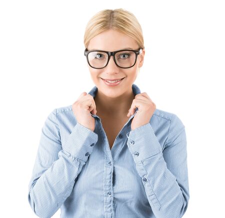 Close up of cute blonde woman with glasses isolated on white backgroundの写真素材