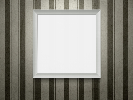 Empty white wooden picture frame at grunge striped wall with copy space and clipping pathの写真素材