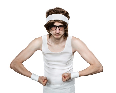 Funny retro nerd flexing his muscle isolated on white backgroundの写真素材