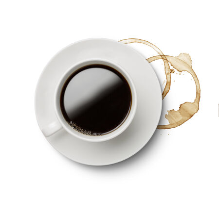 High angle view of coffee cup with stains isolated on white backgroundの写真素材