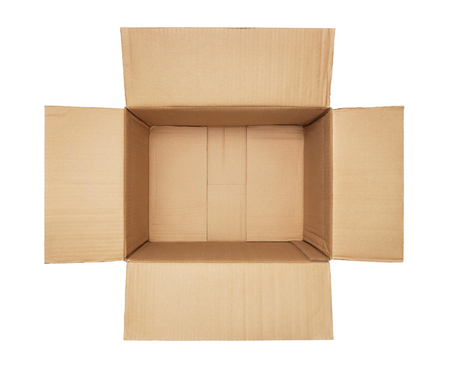 High angle view of an empty cardboard box isolated on white background with copy space