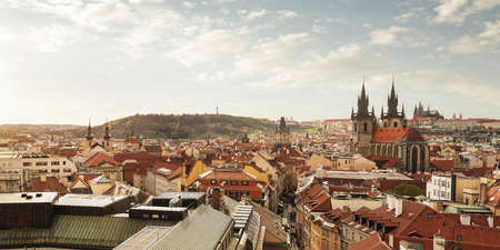 Aerial, panoramic view of Prague's old town at the sunsetの写真素材