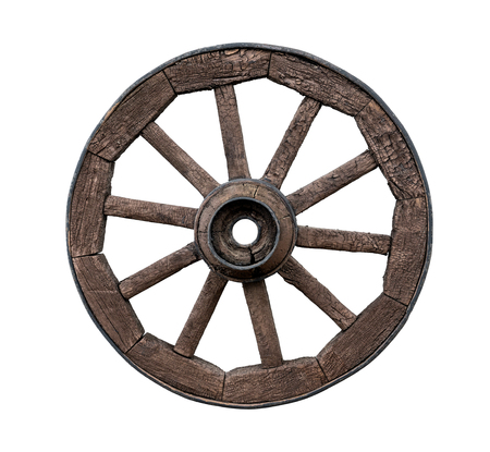 Old wooden wagon wheel isolated on white backgroundの写真素材