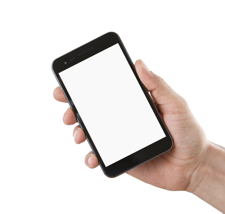 Human hand holding blank smart phone isolated on white  background with copy spaceの写真素材