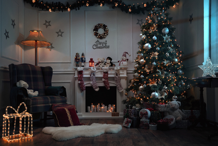 Empty christmas room at night with copy spaceの写真素材