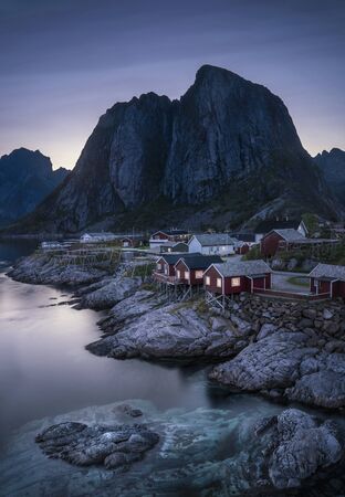 Lofoten, Norway fishing village at nightの写真素材
