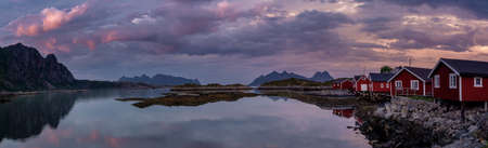 Panoramic view of a fishing village at the lofoten islands after the sunsetの写真素材