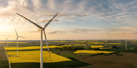 Panoramic aerial view of wind turbienes at the sunset with copy spaceの写真素材