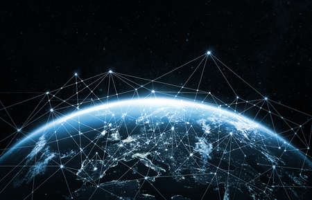 Global network concept. Planet earth from the space at night. 3d render, textures furnished from visibleearth.comの写真素材