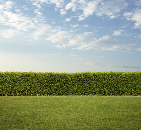 Back yard, close up of trimmed hedge fence on the grass with copy spaceの写真素材