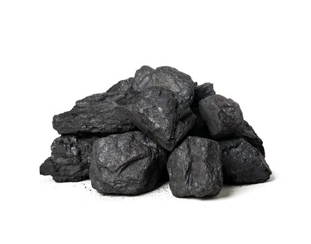 Pile of coal isolated on white backgroundの写真素材