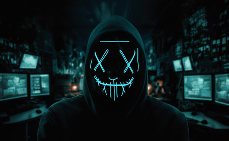 Portrait of an anonymous man, hacker wearing neon mask over dark room backgroundの写真素材