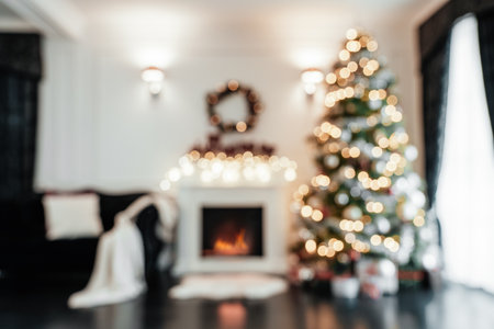 Defocused cozy christmas room background with copy spaceの写真素材