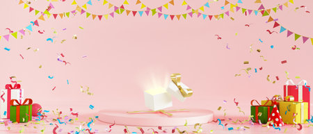 Open gift box set on circle podium and several gift boxes on stage decorated with party decorations, 3D Renderの写真素材