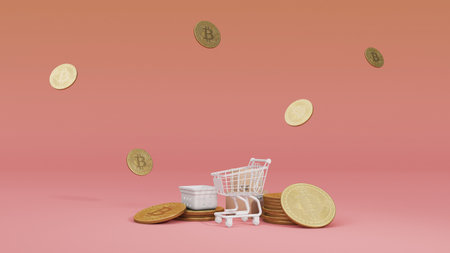 Mini Shopping Cart and Bitcoin Falling, 3D Renderの写真素材