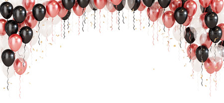 An arch of decorative balloons and Confetti paper tossed in the festive season. 3D Renderの写真素材