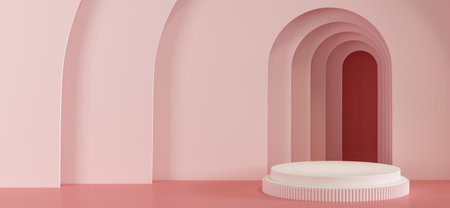 3d rendering geometric forms. Blank podium display in light pink color. Minimalist pedestal or showcase scene for present product and mock up. Abstract background for cosmetic advertising.の写真素材