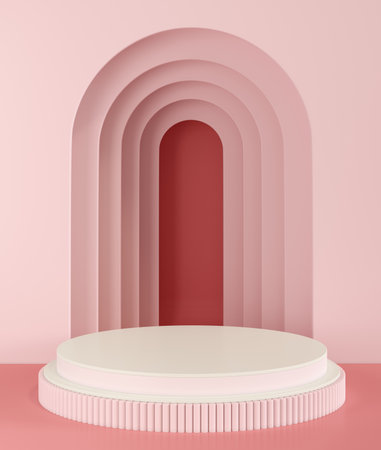 3d rendering geometric forms. Blank podium display in light pink color. Minimalist pedestal or showcase scene for present product and mock up. Abstract background for cosmetic advertising.の写真素材