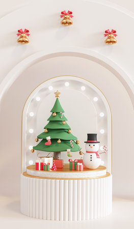 A Christmas tree and gift boxes are placed on a cylindrical pedestal. with a semicircular arched background, 3D Renderの写真素材