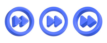 3D buttons for media player, isolated on a white background.