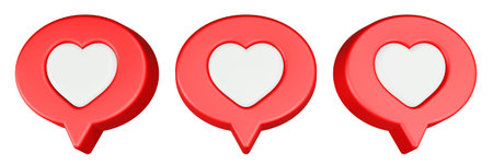 Red speech bubbles with white heart on white background. 3D rendering.
