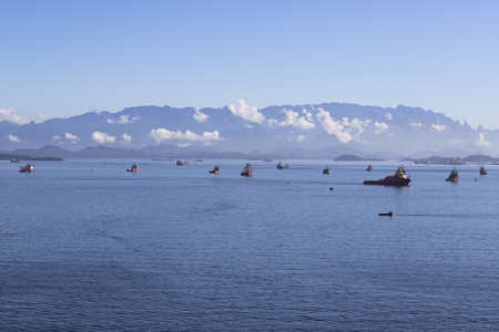 Ships moored in Guanabara Bay in Rio de Janeiro with a wonderful visualの写真素材