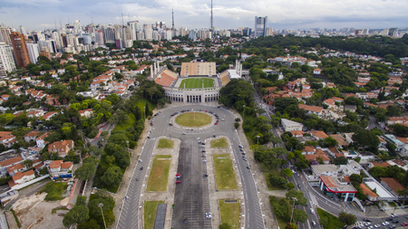 Football around the world,  Pacaembu Stadium Sao Paulo Brazil   Video made day 06/27/2016  Name: Municipal Paulo Machado de Carvalho stadium Filming with droneのeditorial素材