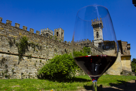 Wine with romance. Wine and castle. Castles of Tuscany wine region of Chianti, Italy. Monastery located in the hills of one Badia Passignano, Tuscany Italy.のeditorial素材