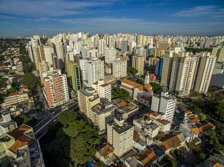 Metropole view from above. Aerial view of Sao Paulo city, Brazil South America. Pacaembu Avenue. Via Elevado President Joao Goulart. Neighborhood of Perdises and Barra Funda.の写真素材