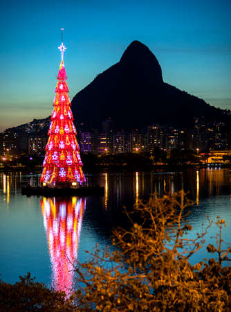 BEST template for New Year or Christmas design, mountain, stars, New Year tree. Blurred and blurred image.の写真素材
