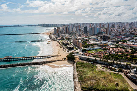 Aerial view of a pier with sea and ocean for travel and vacation.の写真素材