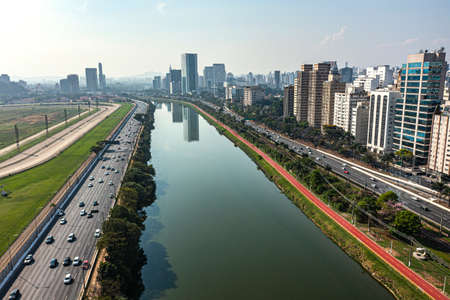 City of Sao Paulo, Brazil. South America. Marginal Pinheiros Avenue, and Pinheiros River.の写真素材