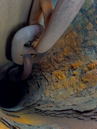 Rusty anchor chain on a ship close-up. Rustic iron chains background.