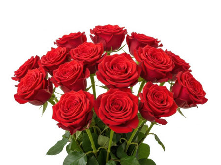 A stunning arrangement of fresh red roses displayed beautifully against a pristine white background.の素材