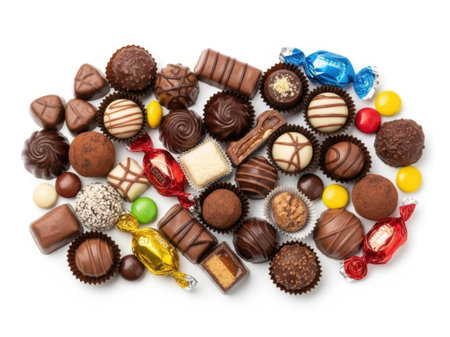 A delightful assortment of various chocolate candies, truffles, and bonbons displayed on a pristine white background.の素材