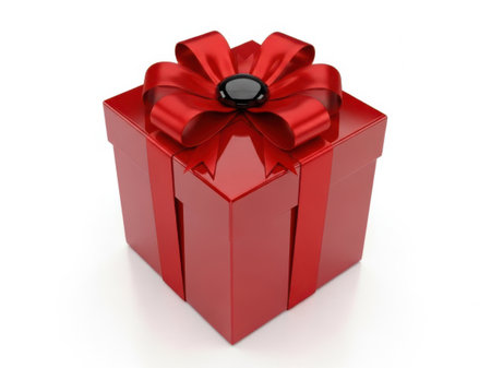 The image features a single, shiny red gift box adorned with a large red bow on top, tied with a black button or gemstone in the center, set against a plain white background.の素材