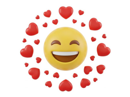 A cheerful yellow emoji with a wide smile is surrounded by numerous red hearts, creating a vibrant and loving atmosphere.の素材