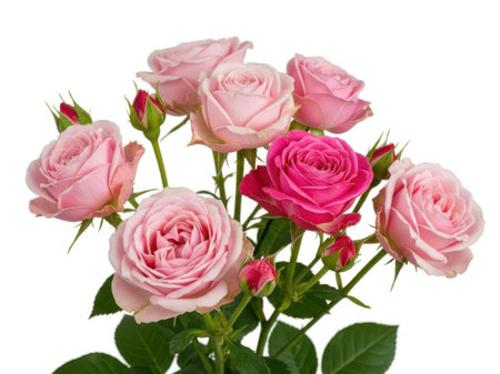A beautiful bouquet of pink roses with varying shades, some fully bloomed and others in bud form, set against a white background.の素材