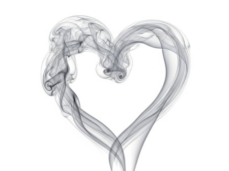 A captivating image of smoke forming a heart shape with intricate swirls and patterns against a white background.の素材