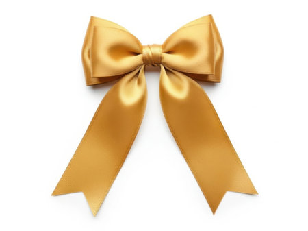 A single, beautifully crafted golden ribbon bow set against a pristine white background, exuding a sense of elegance and simplicity.の素材