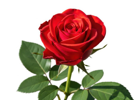 A single vibrant red rose with lush green leaves stands out against a plain white background, symbolizing love and beauty.の素材