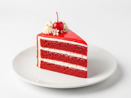 A delectable slice of red velvet cake with white frosting and a cherry on top, presented on a white plate.の素材