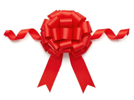 A beautifully crafted red bow with intricate layers and curling ribbons set against a pristine white background.の素材