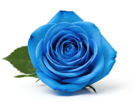 A single vibrant blue rose with a green leaf stands out against a plain white background.の素材