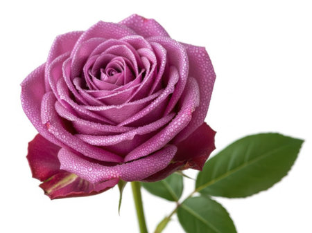 A close-up of a single lavender rose with delicate dew drops on its petals, accompanied by a single green leaf.の素材