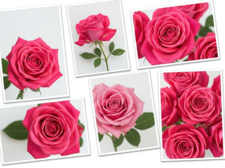 A collection of six distinct images showcasing pink roses in various arrangements and close-ups, highlighting their delicate petals and vibrant color.の素材